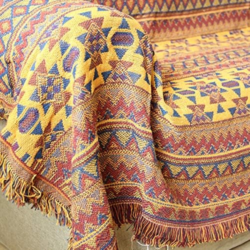 Blanket Throw,Reversible Sofa Throw Blanket w/ Tassels Bohemian Style Sofa Throws Warm Thick Armchair Cover Soft Blanket,Bright Cotton Woven Line Blanket Towel Knitted Bohemian Bed Blanket (A:90*90CM)