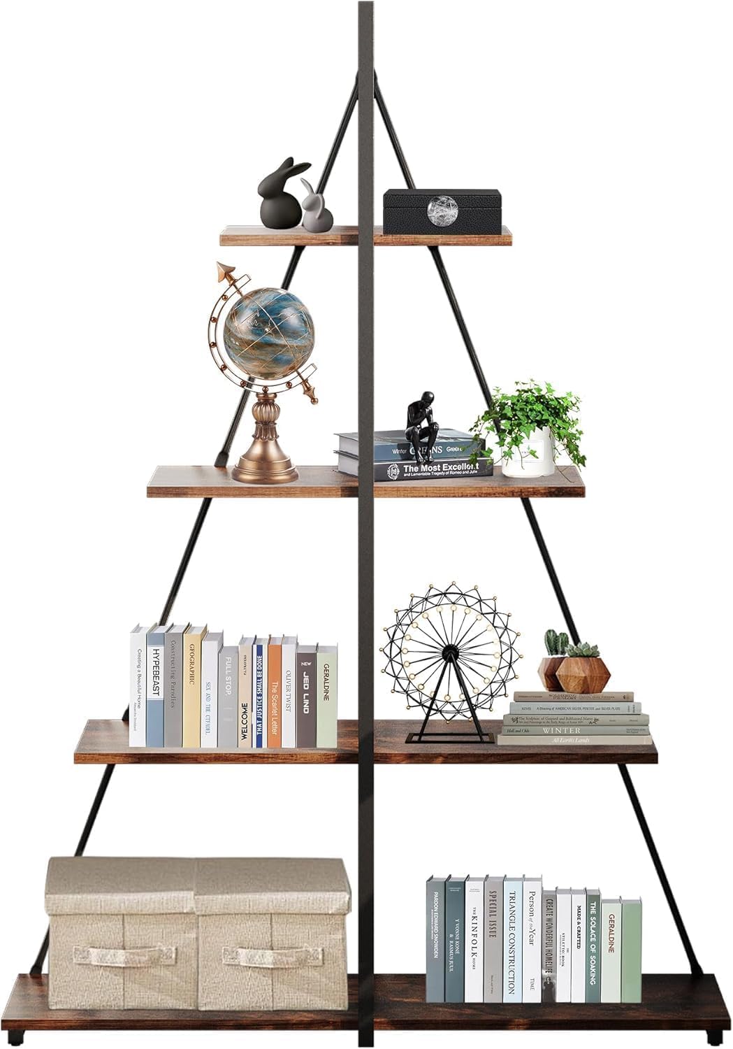 4-Tier Ladder Bookshelf, Space-Saving a-Shaped Sailboat Design Bookcase, Sturdy Wooden Display Shelves for Bedroom, Living Room, or Home Office, Multi-Purpose Storage and Organizer, Vintage