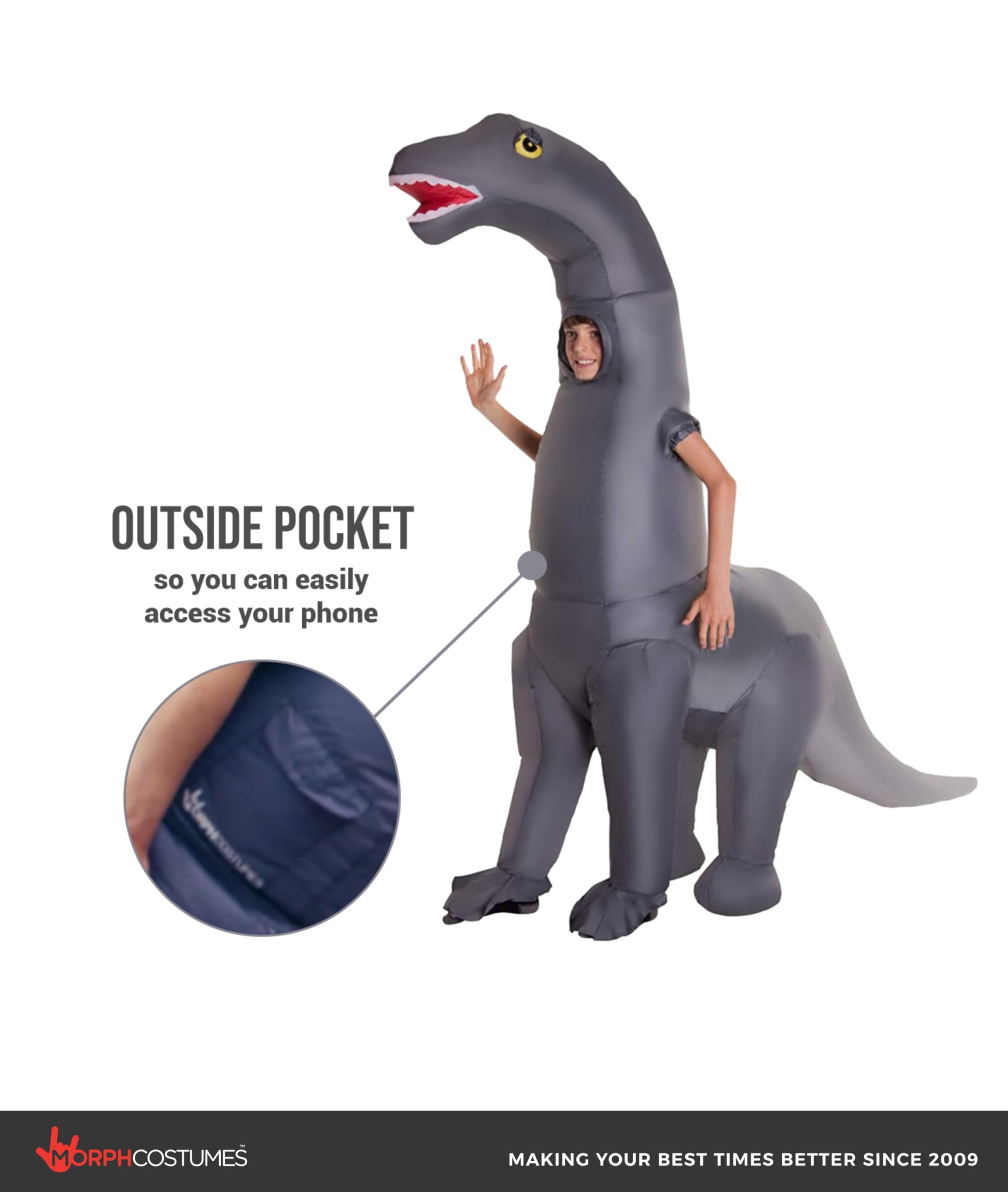 Morph Dinosaurier Kostüm Kinder, Aufblasbares Halloween Kostüm Kinder | Aufblasanzug mit Lüfter, Graues Dino-Design, Bläst in 60 Sekunden auf, Perfekt für Halloween, Immer ein Hit