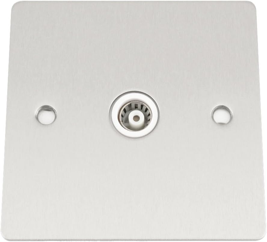 TV Coaxial Aerial Socket Single 1 Gang - Satin Matt Chrome - Flat - White Insert