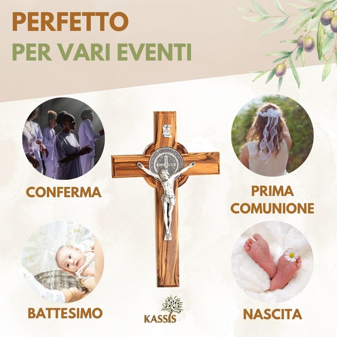 KASSIS Crocifisso di San Benedetto fatto a mano - Croce da parete in legno d'ulivo 16 cm - Regalo per nascita, battesimo, cresima e comunione - Decorazioni religiose per la casa