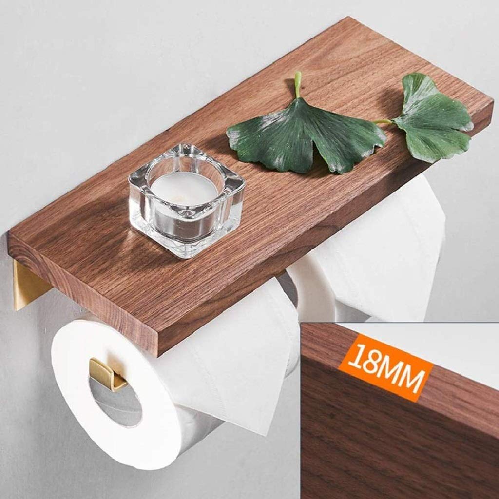 Aseo de papel de madera Holder-Industrial-doble del estilo del rollo del papel higiénico del titular, de latón de montaje en pared de tejido dispensador de rack con el estante de madera de alma