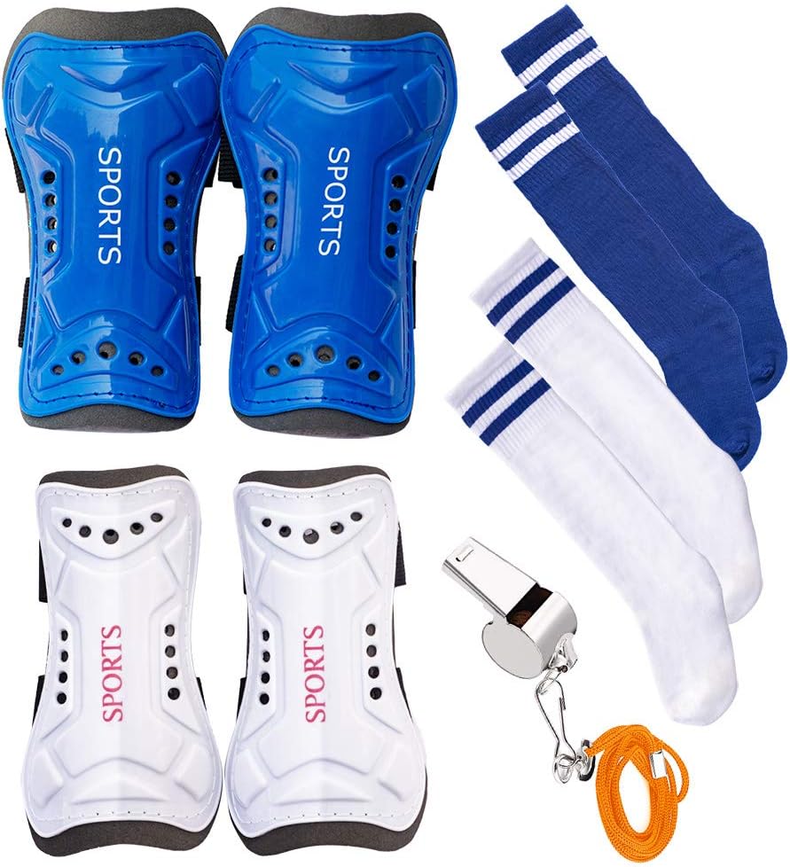 WrzbestSoccer Football Long Sleeve Socks and Shin Guards for 3-13 Old Kids,Youth - 2 pair Knee High Socks and Shin Guards with 1 Professional Referee Whistle