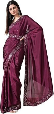 Womens Solid Chiffon Silk Blend Saree with Embroidered Lace Border and Belt