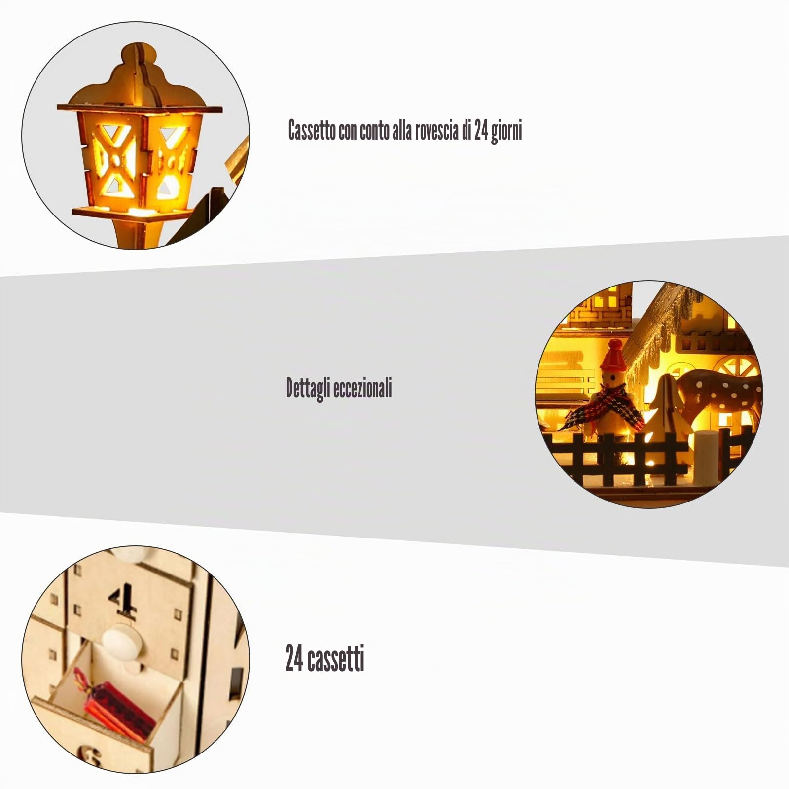 Calendario dell'avvento in legno con 24 cassetti, illuminato a LED, calendario dell'avvento con musica, calendario dell'avvento vuoto da riempire con conto alla rovescia, regali per le vacanze
