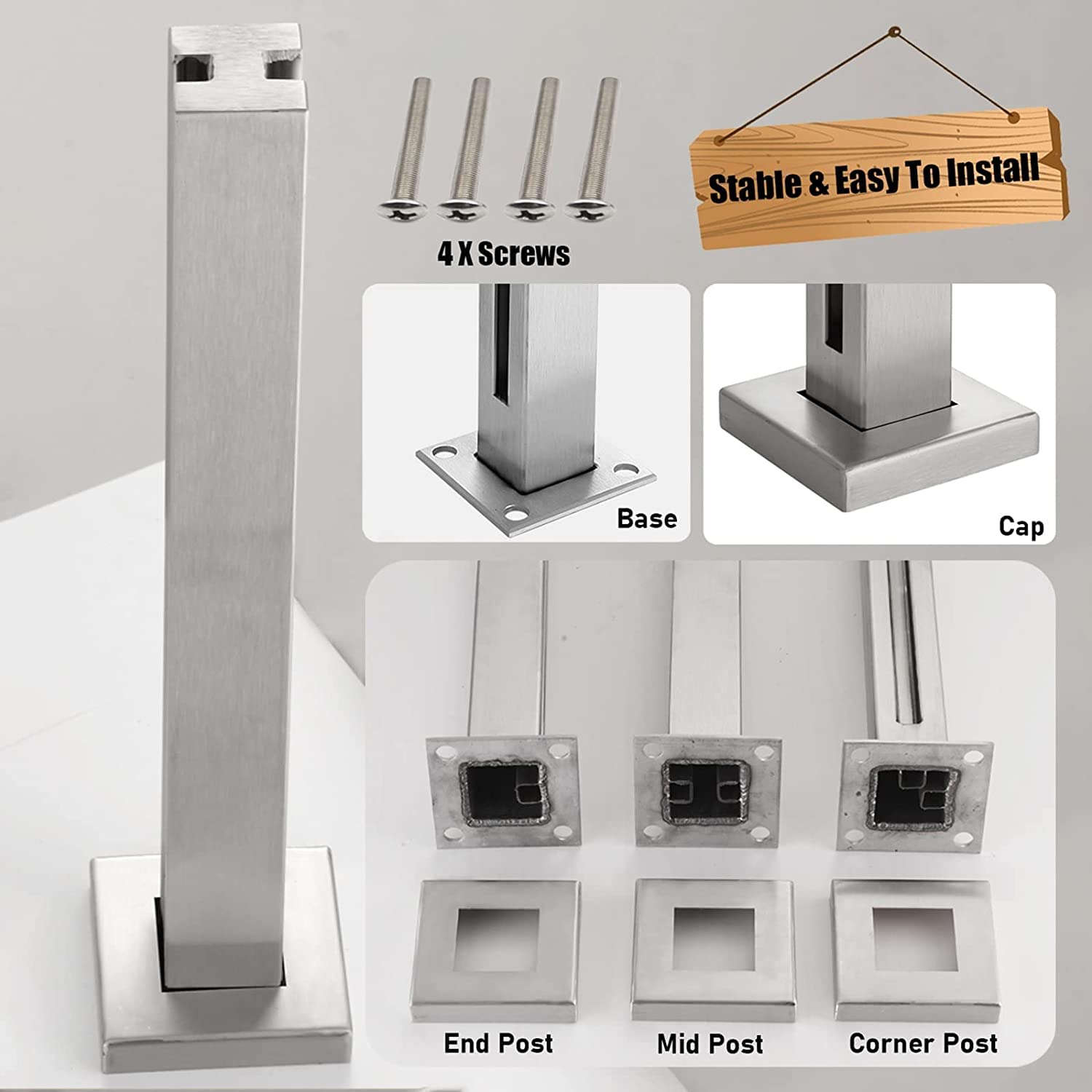 Glass Balustrade Glass Railing Post Clamp, Square Balustrade Post, Glass Pool Fence Railing Post for Balcony/Deck Handrail, Silver Partition Panel Clamp Column, Stainless Steel ( Color : Mid Post , Si