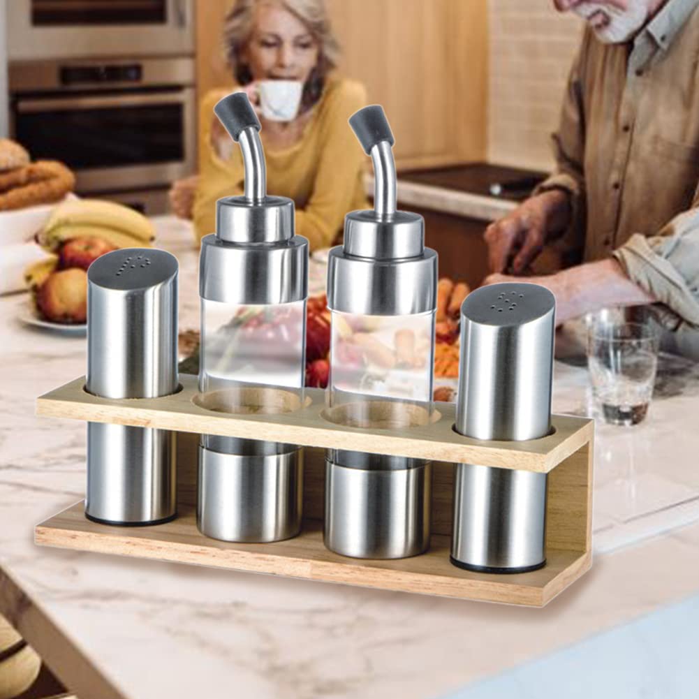 4-teiliges Öl- und Essigspender-Set inless Steel & S SE Set mit Holzregal inkl. 2 Öl- und Essigflaschen, 2 Salz- und Pfefferstreuer, Küche Se