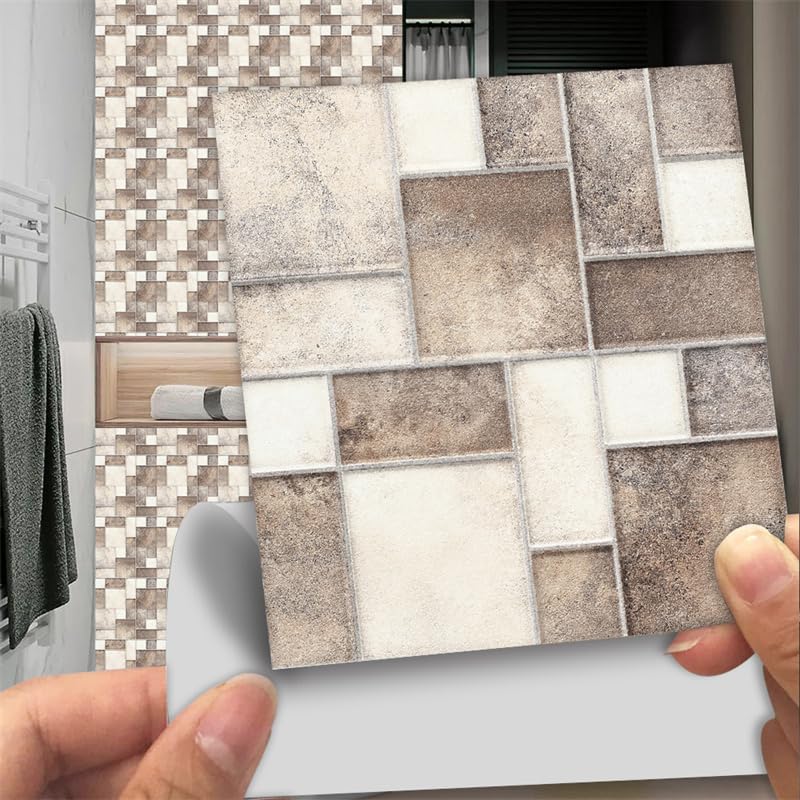 Tile Stickers Brown Matte Mosaic Stick On Tiles,Self Adhesive Wall Tiles for Kitchen Bathroom,Vinyl Peel and Stick Wall Tiles,Stick On Wall Tiles Waterproof Oilproof 10 PC(20x20cm)