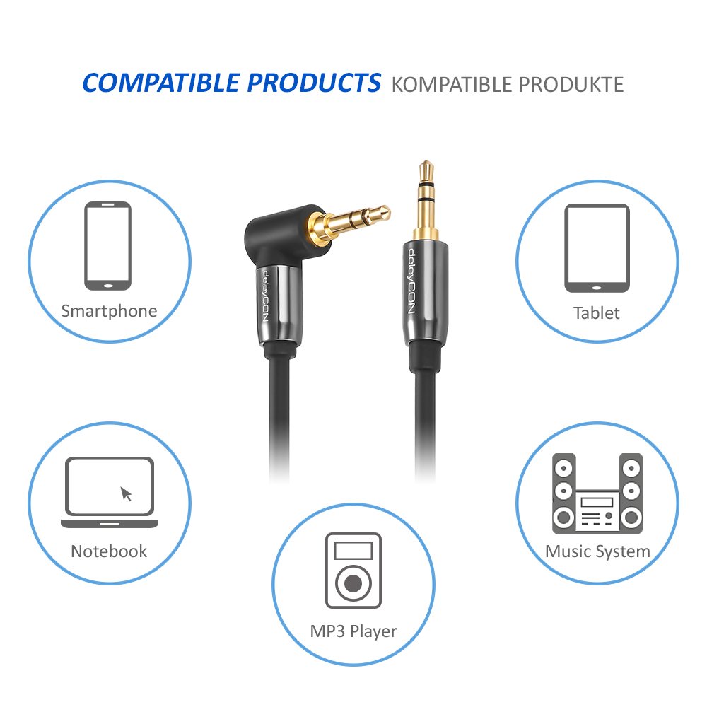 deleyCON 2m Kabel Jack 3,5 mm AUX Kabel Audio Stereo Wtyk Jack 1x Pod Kątem 90° do PC Laptopa Telefonu Smartfona Tabletu Samochodu Amplitunera HiFi - Czarny