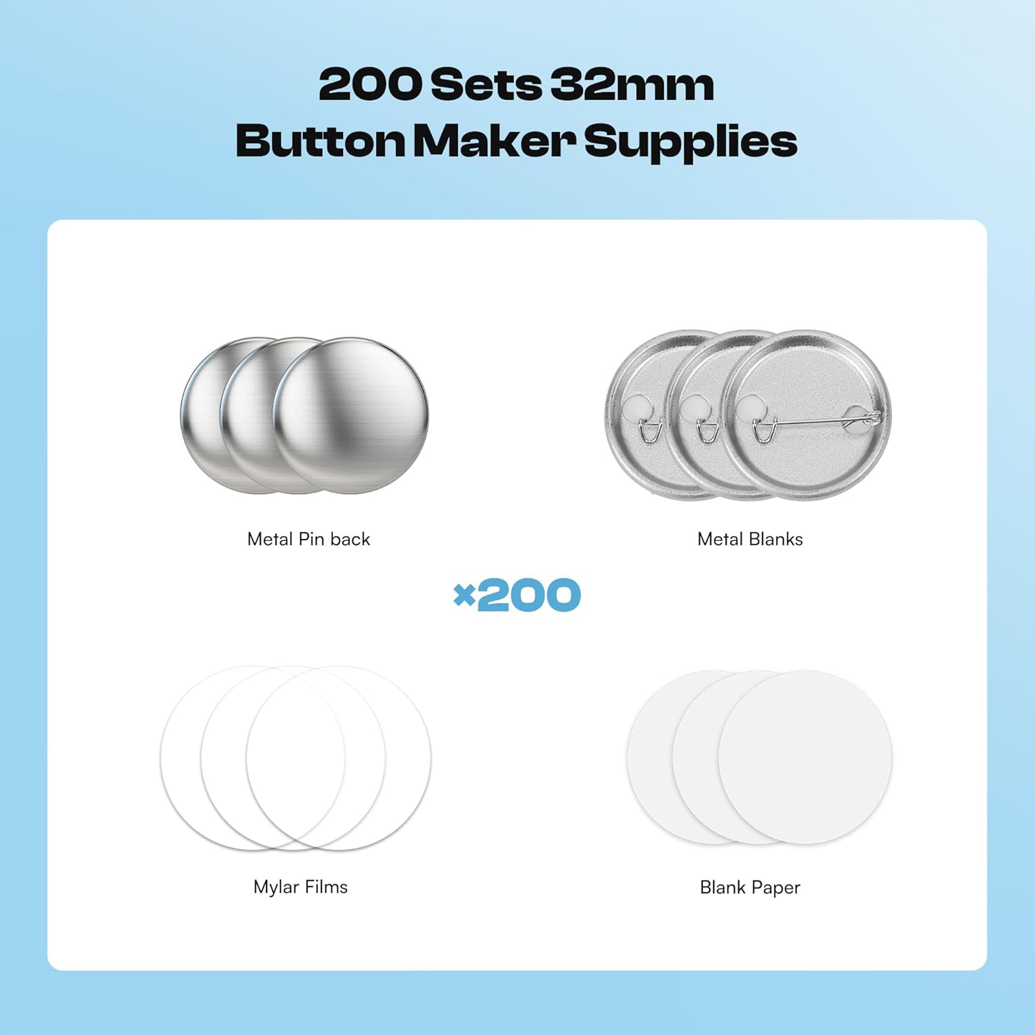 Caydo 200 PCS Button Maker Supplies, 1.25 Inch/32mm Badge Maker Supplies, Pin Maker Supplies-Metal Blanks, Metal Pin Back, Clear Film & Blank Paper for Button Machine for DIY Crafts