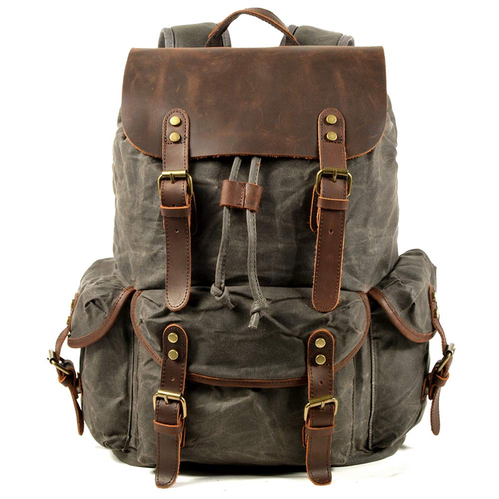 WUDONLeather Backpack for Men, Waxed Canvas Shoulder Rucksack Carry-On Travel Backpack