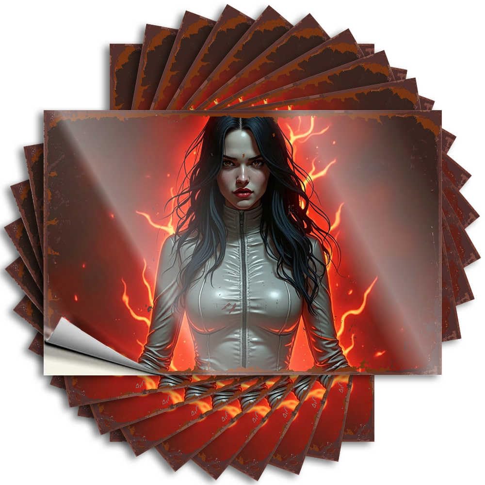 Fiery Aura: A Woman in White Leather Against A Lava-Background Cocoa Silicone DIY | Book Decals Garage Removable Vinyl Sticker Decal(8X12CM)