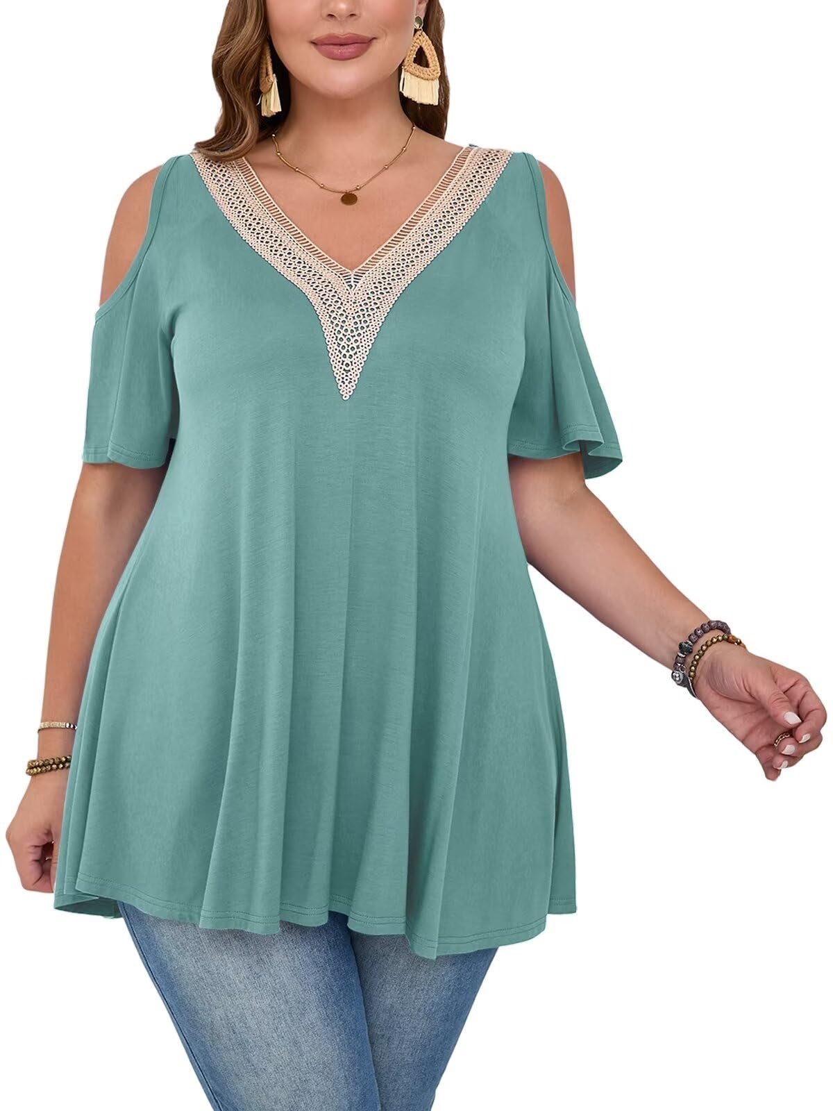 LARACE Cold Shoulder Tops for Women, Plus Size Summer Tops, V Neck Short Sleeve Lace Tunic Tops to Wear with Leggings