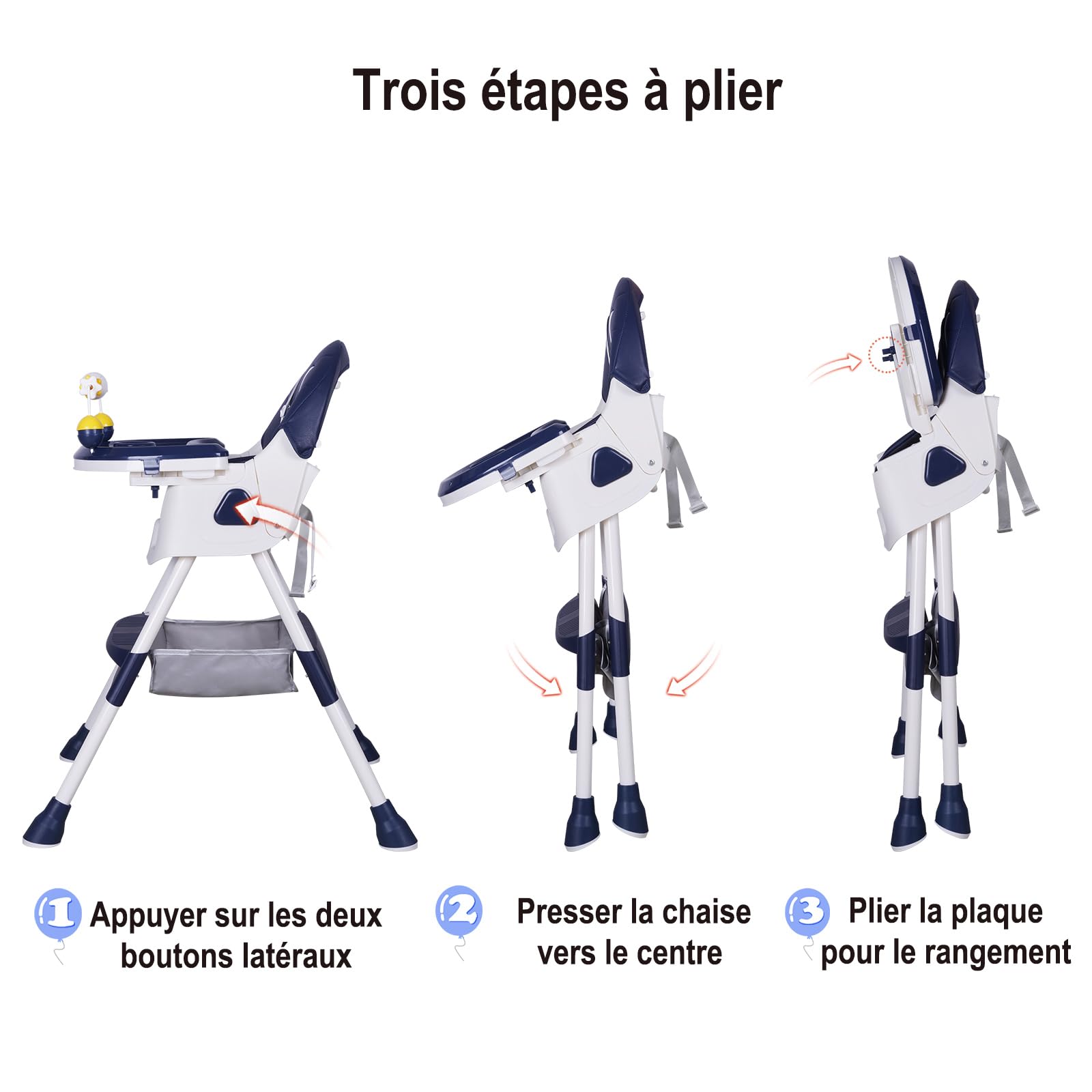 Chaise Haute Bébé Pliable Chaise Enfant Voyage avec roulettes, dossier réglable, tablette amovible, siège avec ceinture de sécurité pour 6 mois à 6 ans Repas Bébé 20kg (Bleu foncé)