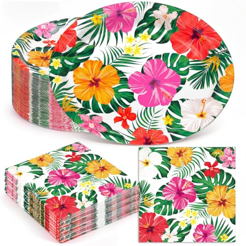 Maxdot 100 Pcs Hawaiian Party Supplies 10 x 12 Inch Hibiscus Oval Paper Plates and Napkins Set Luau Aloha Birthday Disposable Tableware for Tropical Summer Beach Party Decorations, Serve 50 Guests