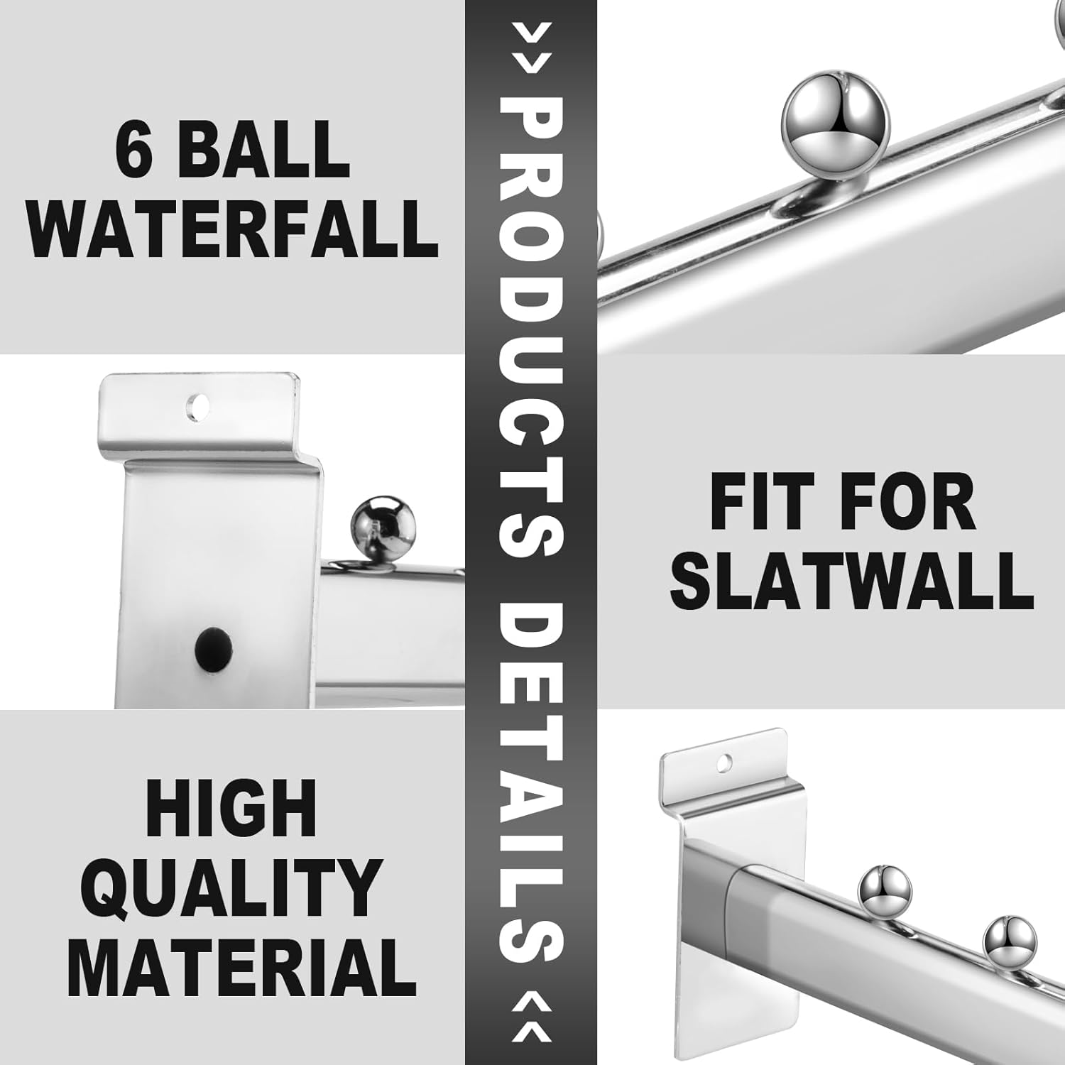 10 Pack 6 Ball Waterfall for Slatwall, 12 Inch Oval Tube Slat Wall Hanging Hooks Slatwall Hooks and Hangers Slat Wall Accessory for Clothing Retail Garage Shop Display (Silver)