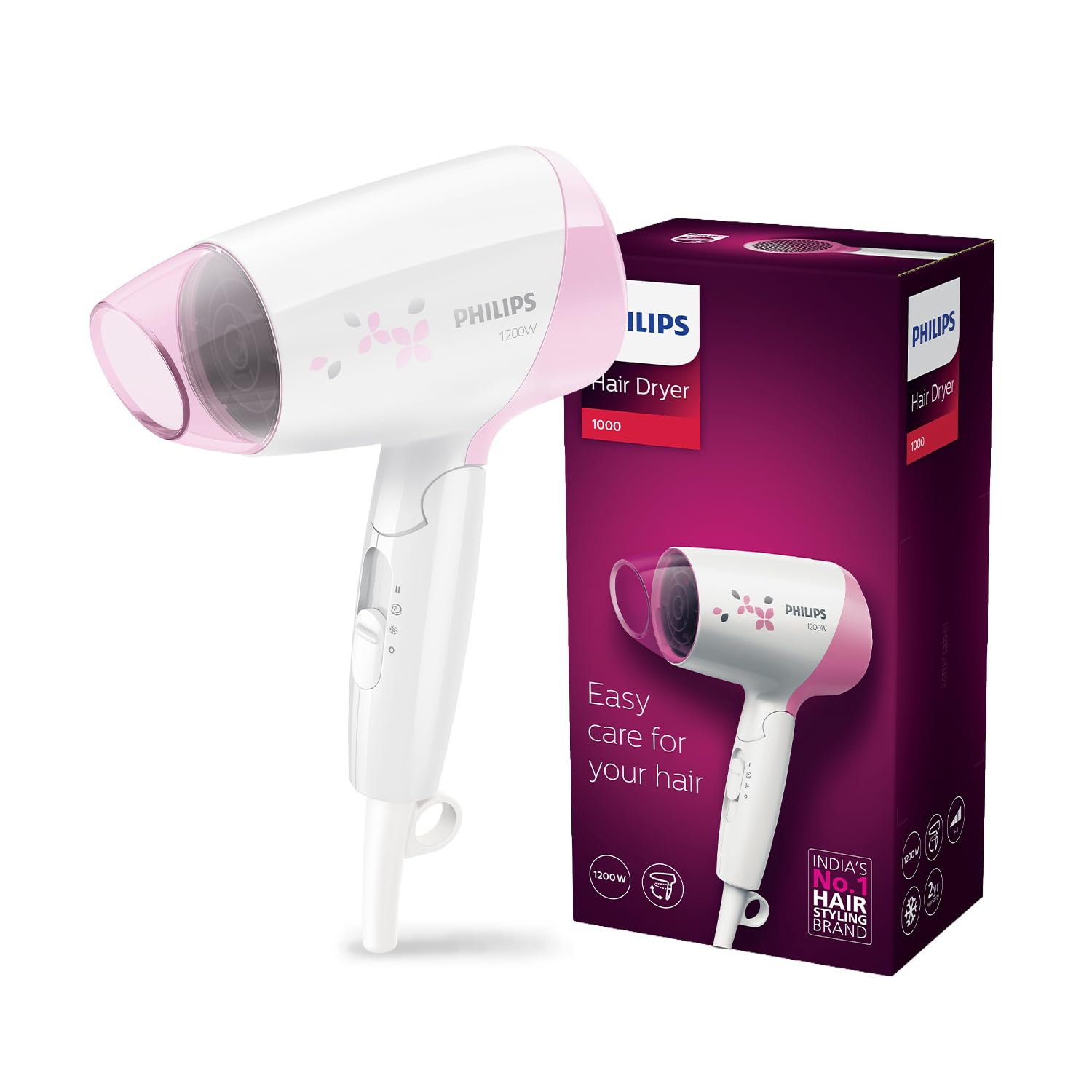 Philips Foldable Hair Dryer 1200 Watts | Perfect Blow Dry For Men & Women | 3 Heat Settings with Cool Shot (Hot/Cool/Warm) | ThermoProtect Technology | 2 years Warranty | HP8120/00 - Pink