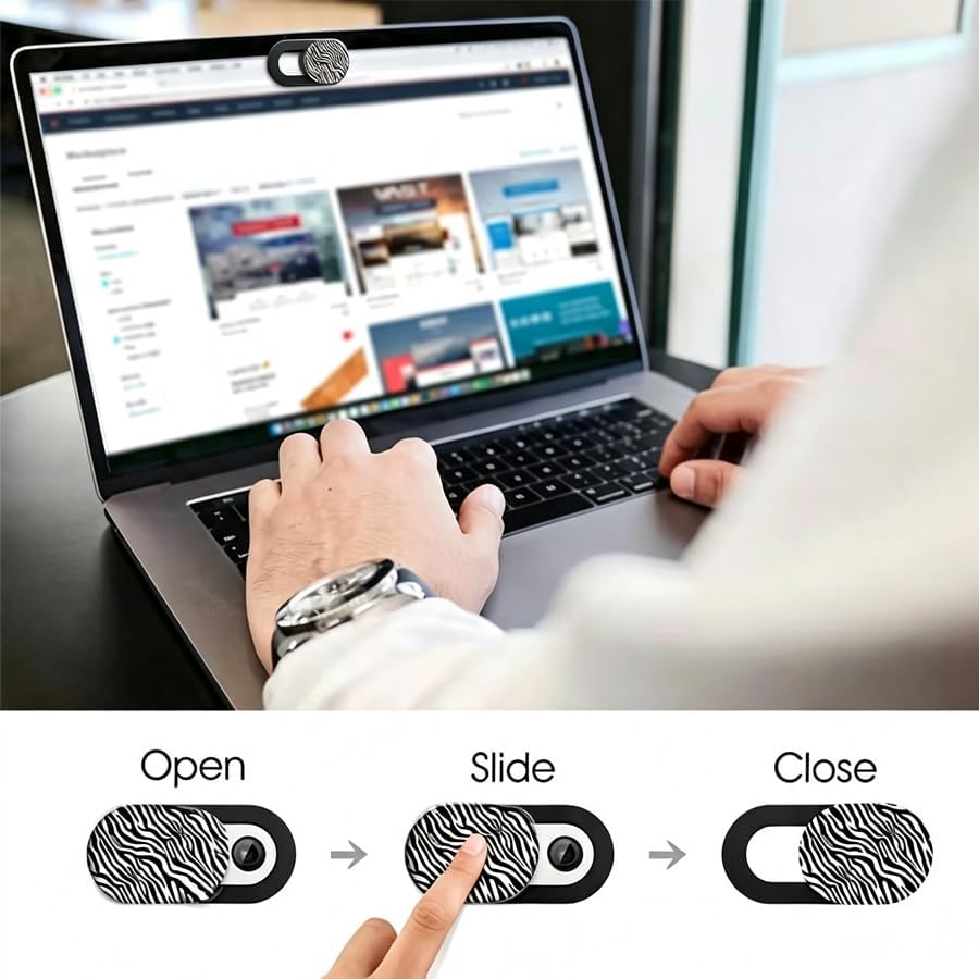 Zebra Print Webcam Cover Slide, Thin Laptop Camera Privacy Cover, Black White Animal Pattern Universal Webcam Blocker for Notebook Tablet Desktop Computer Pack of 2 image 4