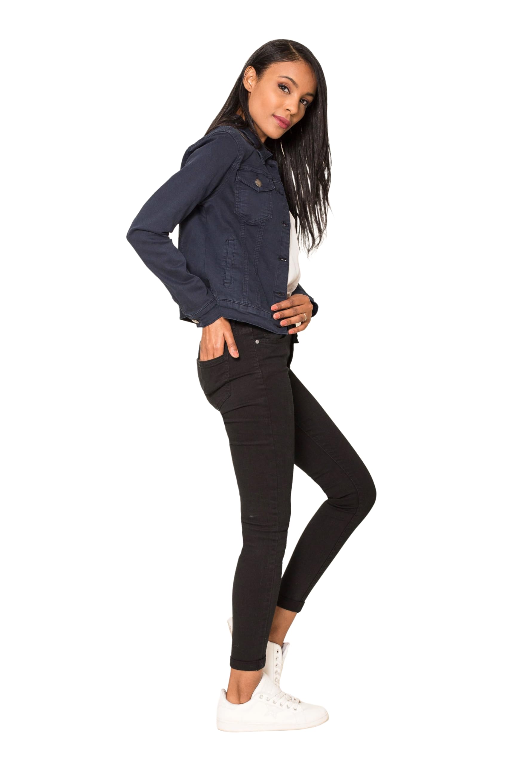 Nina Carter J212 Veste en jean slim pour femme - Veste stretch, colorée, avec col Kent, poches - Pour le printemps, l'été, la mi-saison
