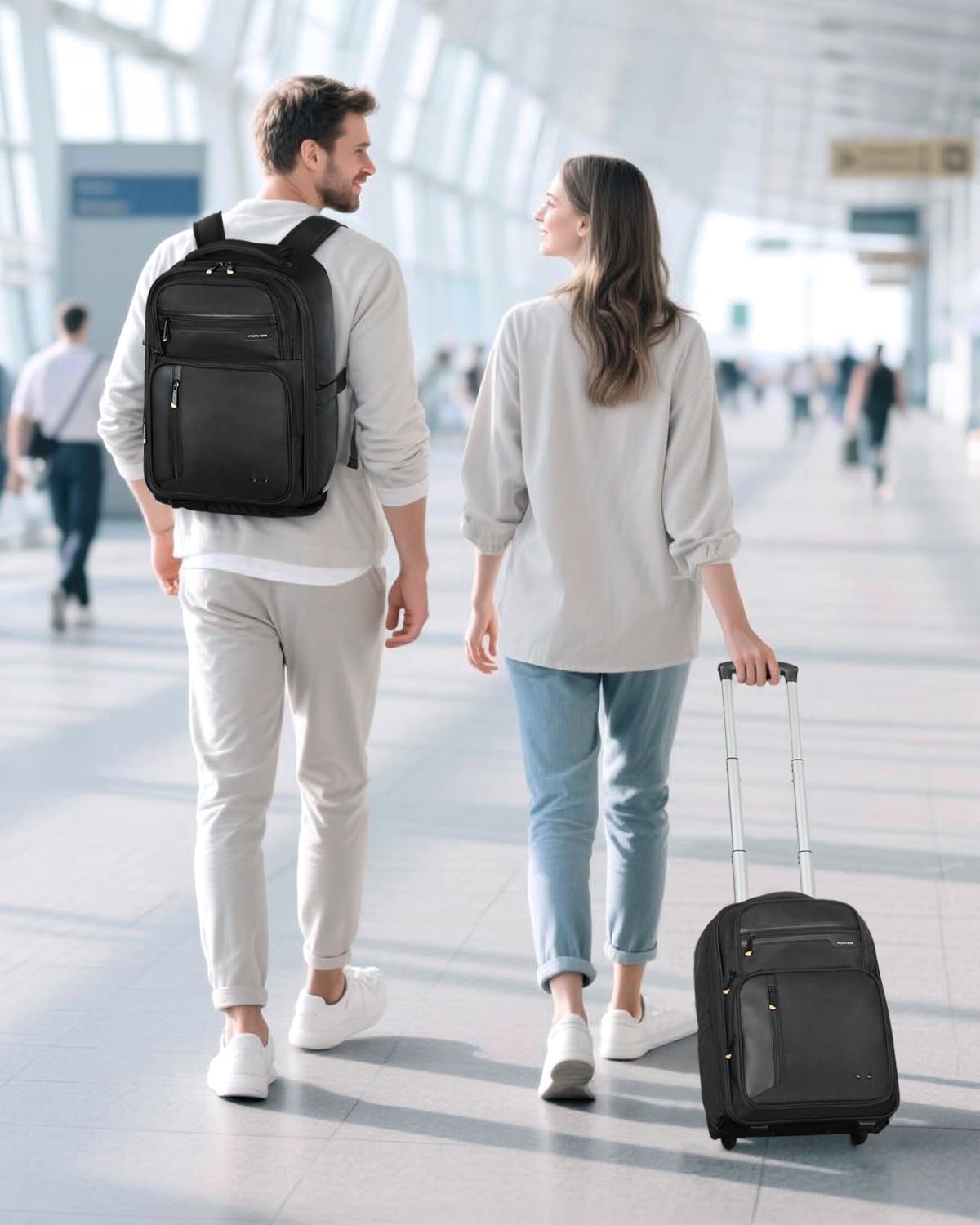 Ponhog Rucksack mit Rollen, Business Rucksack Trolley Handgepäck Flugzeug Reiserucksack Laptop Rücksack mit 15 Zoll Laptopfach Backpack für Uni, Arbeit, Schwarz