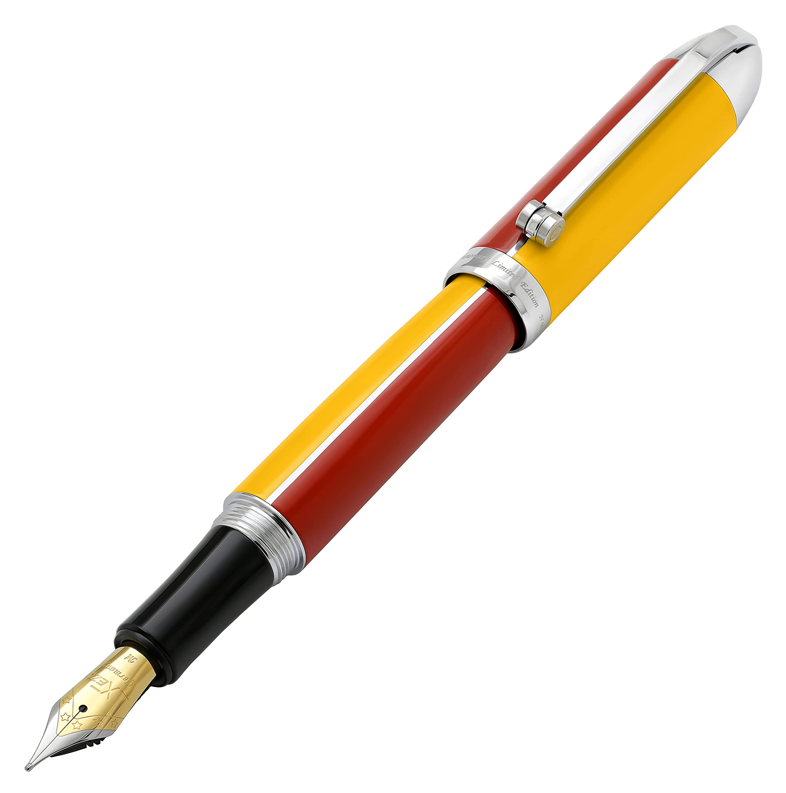 Xezo Visionary Medium Brass and Aluminum Fountain Pen, Hand Lacquered in Aspen Yellow and Red Color.