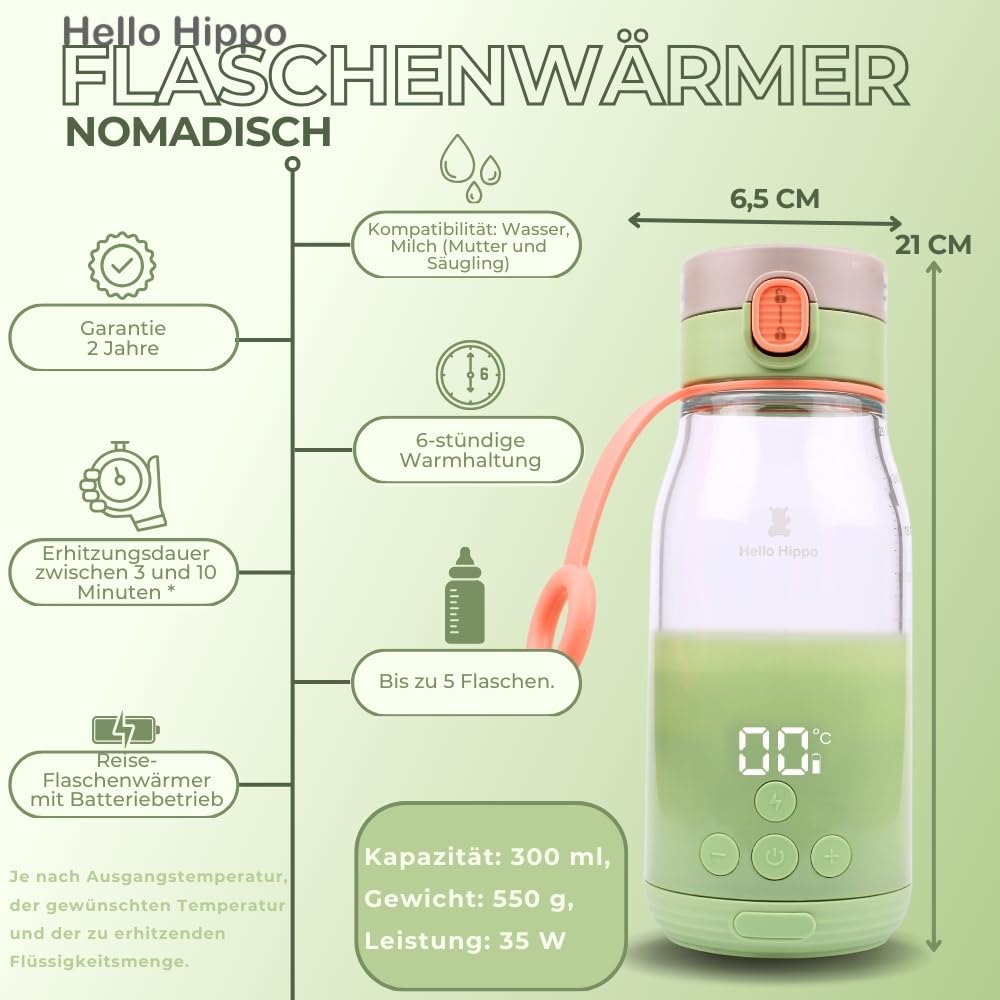 HELLO HIPPO® Premium Przenośny podgrzewacz do butelek z ładowaniem przez USB - koczowniczy podgrzewacz do butelek na mleko i wodę - pojemność 280 ml - 30 ml - Regulowana temperatura do 50°C