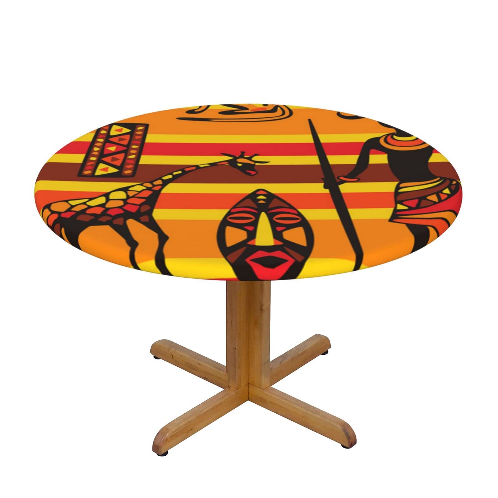Lsjuee Round Fitted Tablecloth 45-50in Elastic Edged Table Cloth for Kitchen Dining Party Home Decor - African Ethnic Native Animals Striped