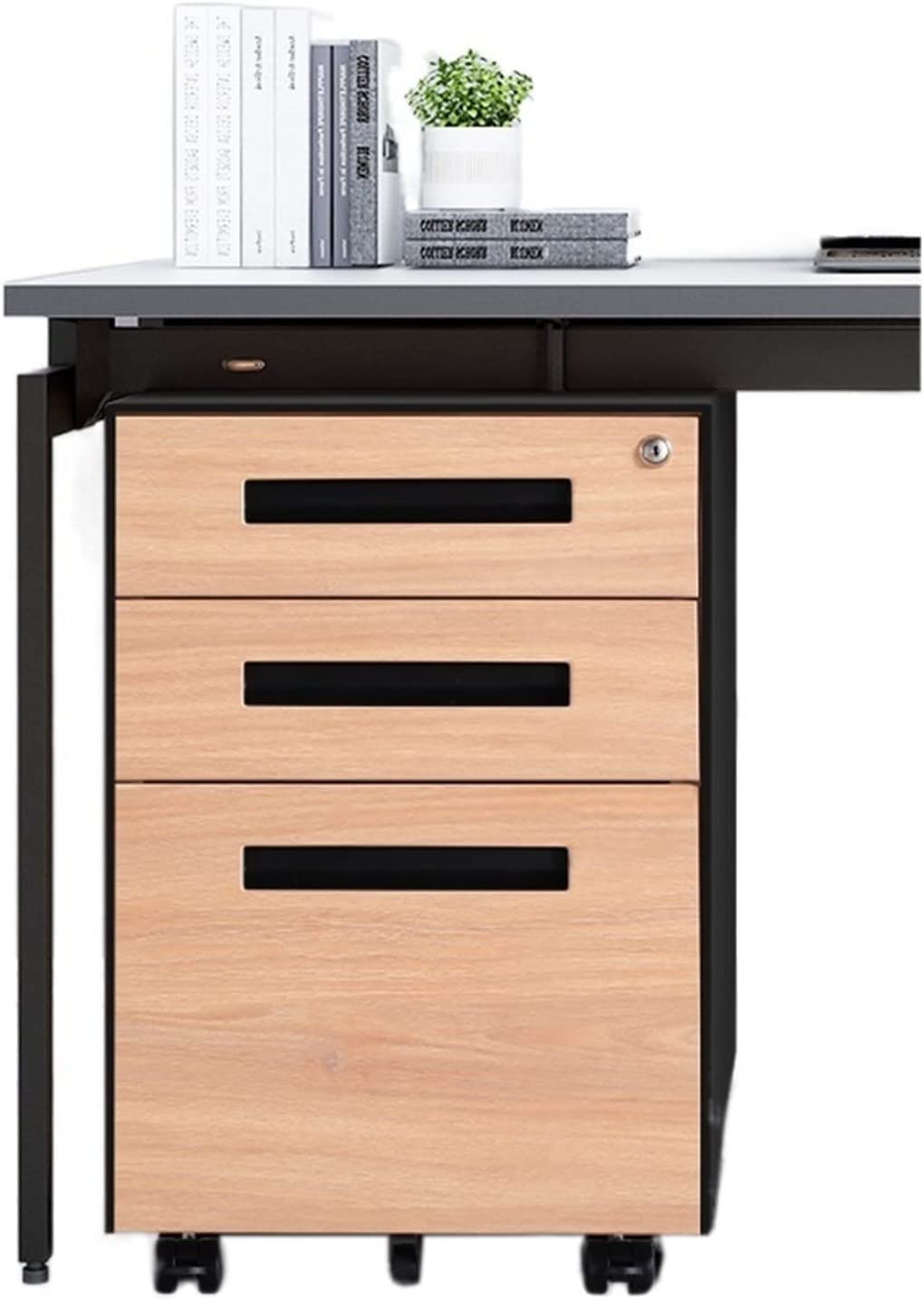 SaryEdge Office Storage File Cabinet, Office Drawer, Tin Movable Storage Short Cabinet, Household Wood Grain Lockable Mobile Push Cabinet,