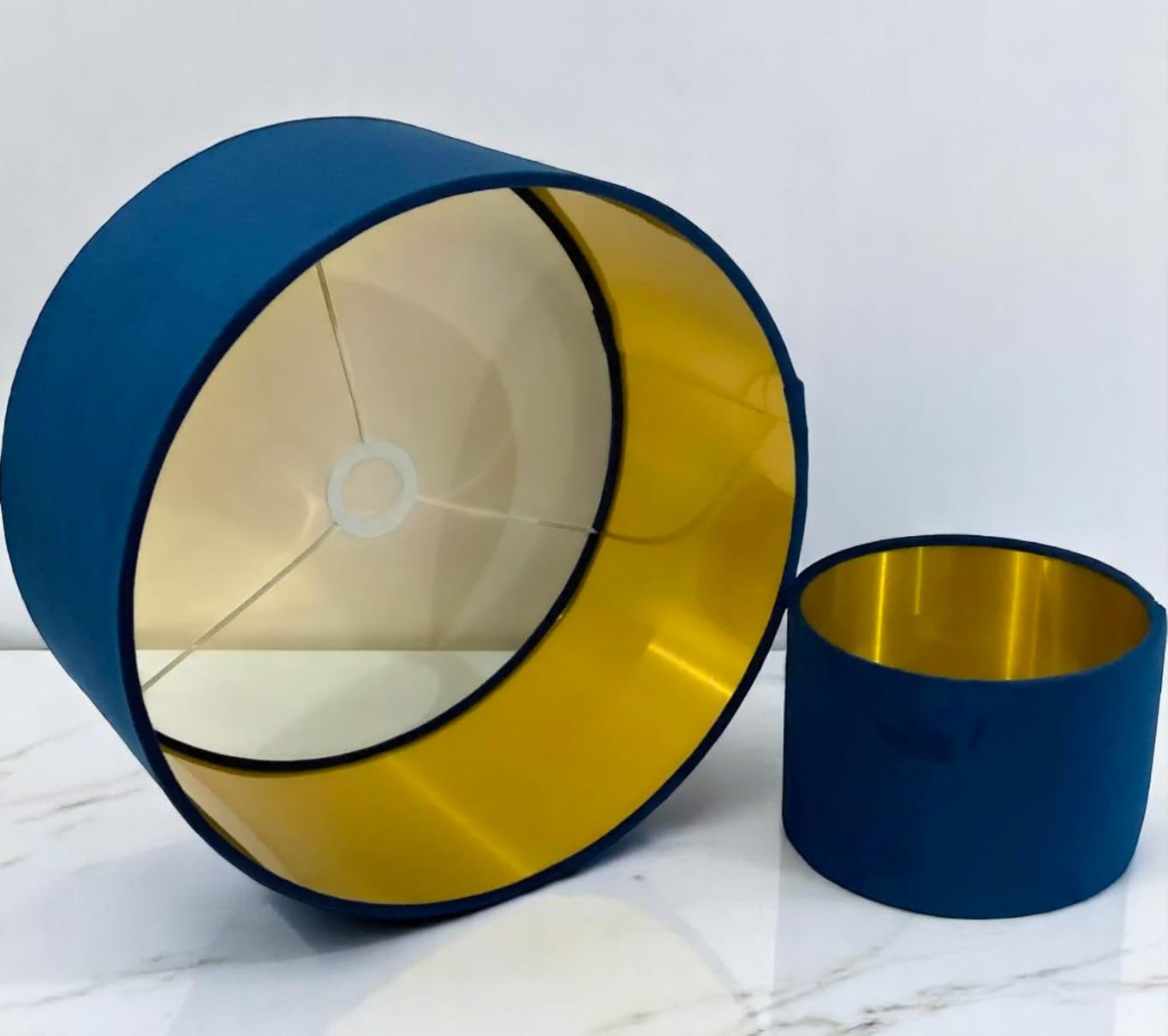 Plush Velvet Lampshade for Ceiling Shade, Table, Floor Lampshade with Brushed Gold Lining Handmade in The UK. (Blue, Diameter 25 x 24cm Height)