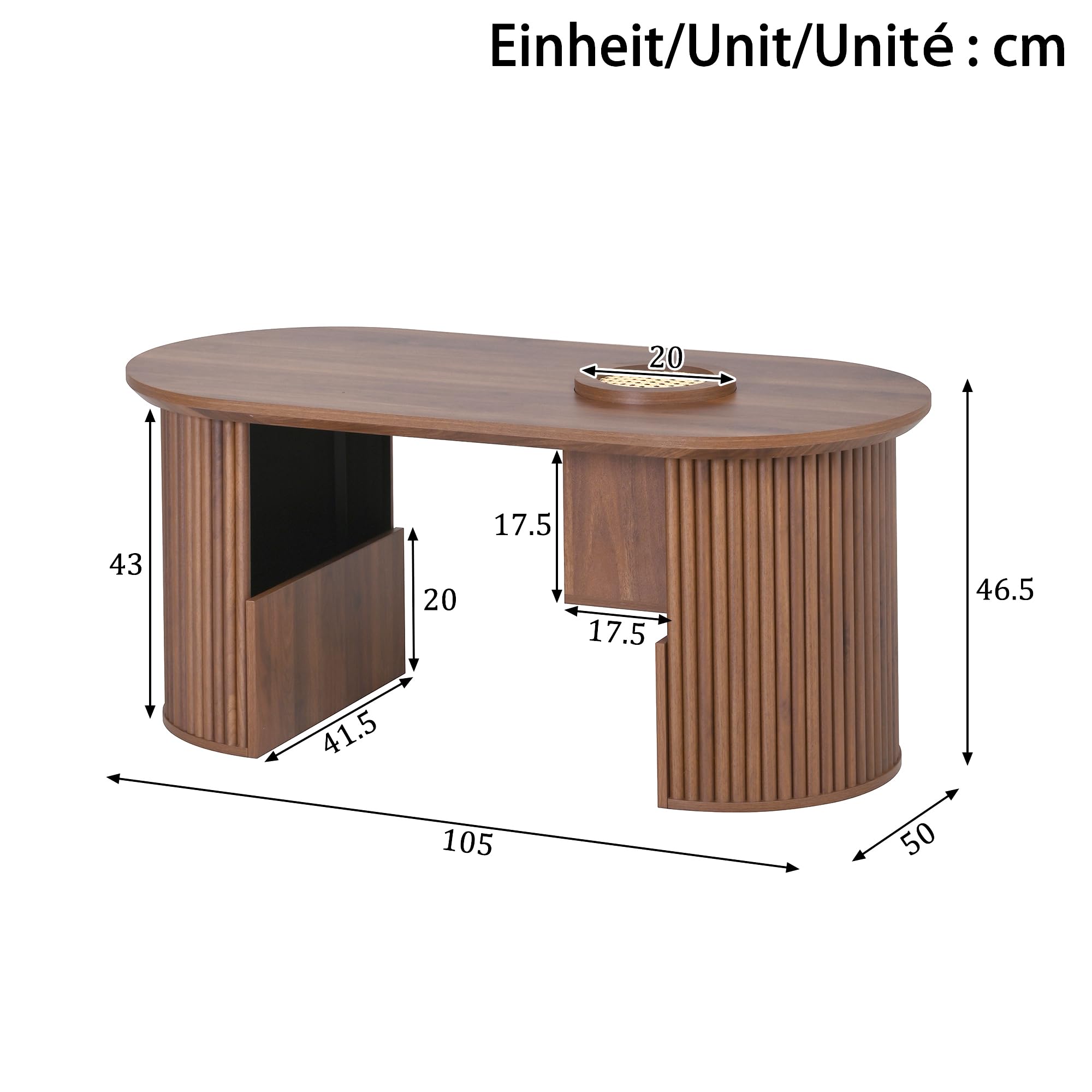 Nowoczesny stolik kawowy w stylu retro, z drewna orzechowego o pionowej teksturze, wymiary: 105 cm (długość) x 50 cm (szerokość) x 46,5 cm (wysokość).