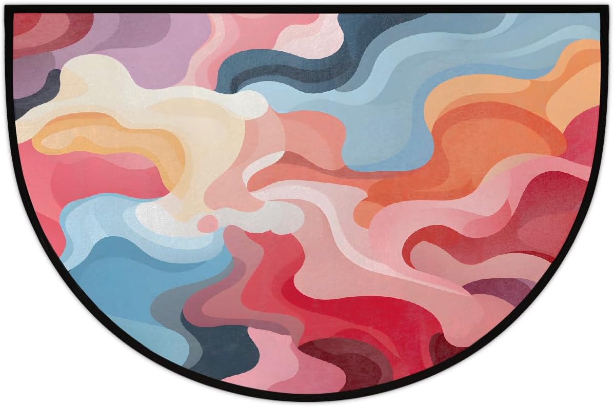 Half Round Door Mat Abstract Colorful Camo Half Moon Rug Washable Half Circle Area Rugs Indoor Entrance Non Slip Semi Circle Bathroom Rugs Floor Carpet for Kithen Bedroom Fireplace Decor