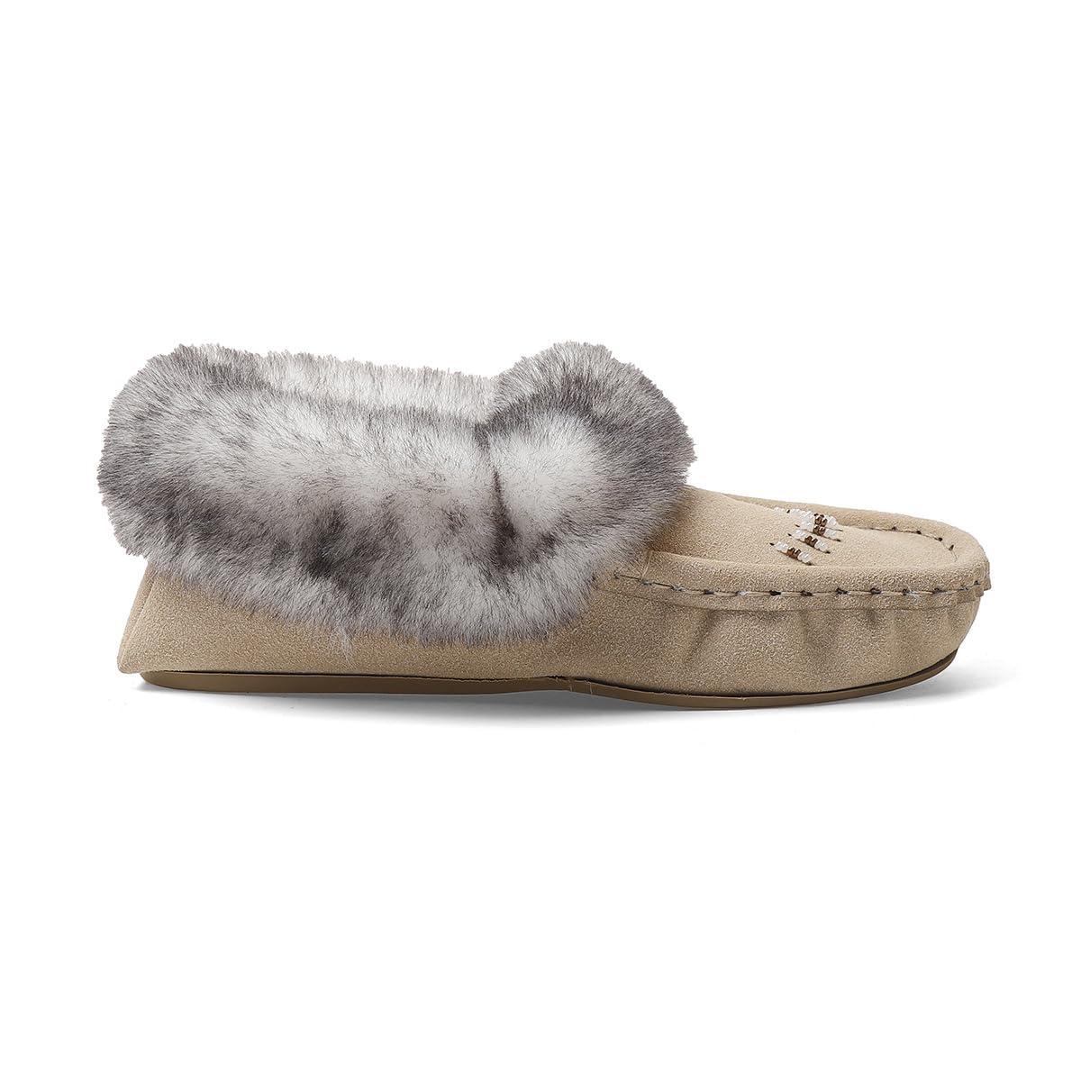 Women's Suede Faux-Fur Beaded Memory Foam Vegan Moccasin Slipper Shoes with Rhinestone Design