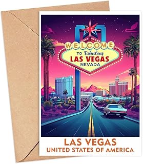Las Vegas City Greeting Card - State Nevada Travel Card - Blank Inside - 5 x 7 inches - Birthday - Unisex-Adults - Multicolor - Modern, Traditional - Letter Print