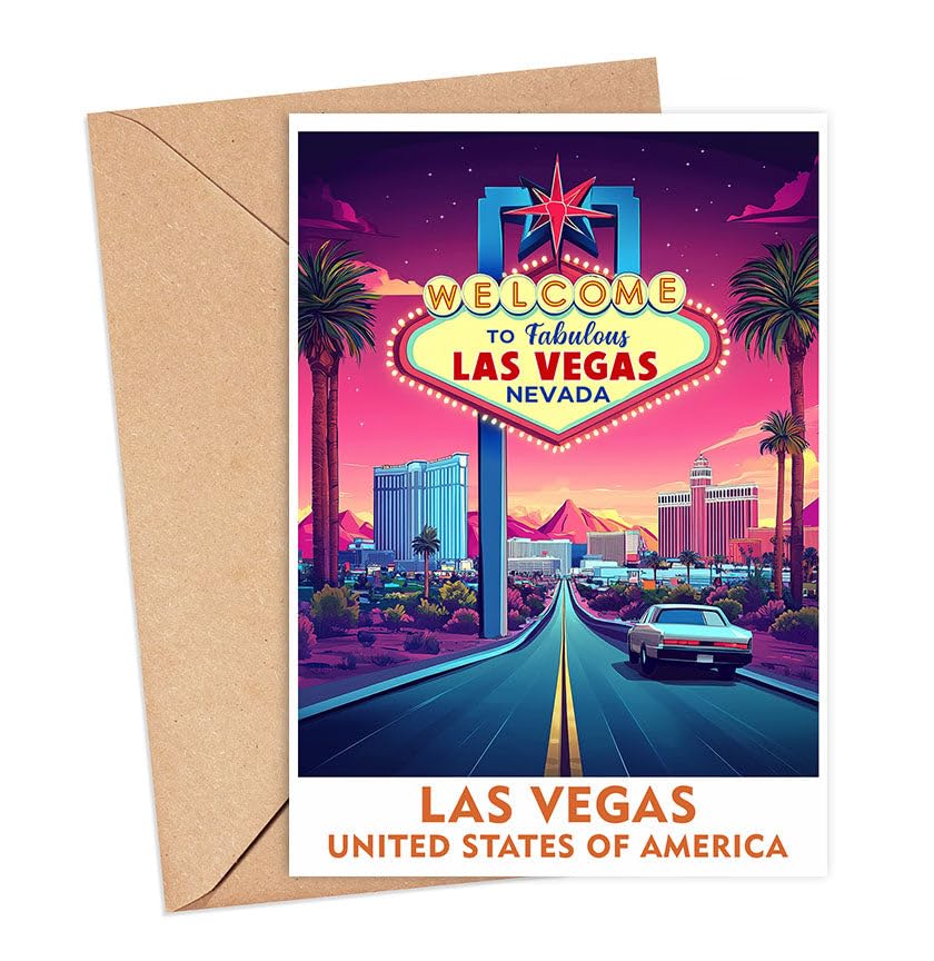 ShelbyShops Las Vegas City Greeting Card - State Nevada Travel Card - Blank Inside - 5 x 7 inches - Birthday - Unisex-Adults - Multicolor - Modern,