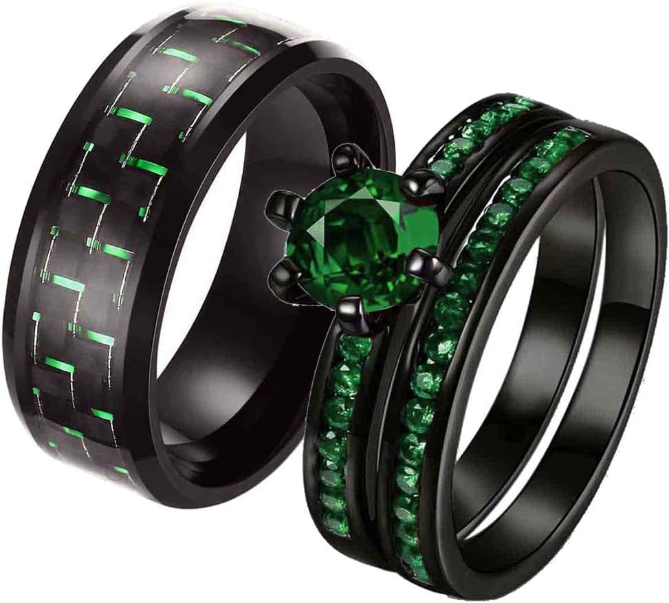 ringheart 2 Rings His and Hers Couple Rings Black Cz Rings Womens Wedding Ring Sets Titanium Steel Mens Wedding Bands