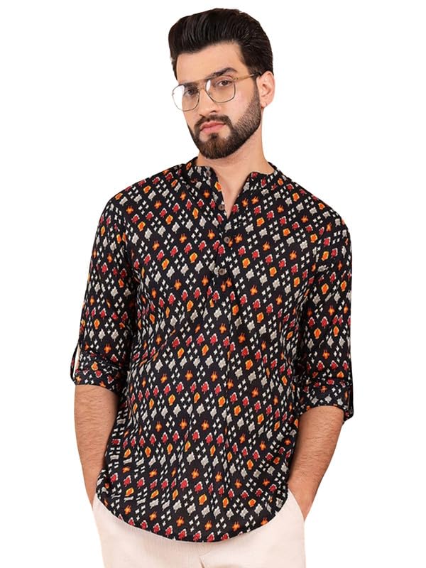 Image of Vaamsi Ethnic Bay Men's Cotton Solid Printed Short Regular Kurta(MSKU1002BLK)