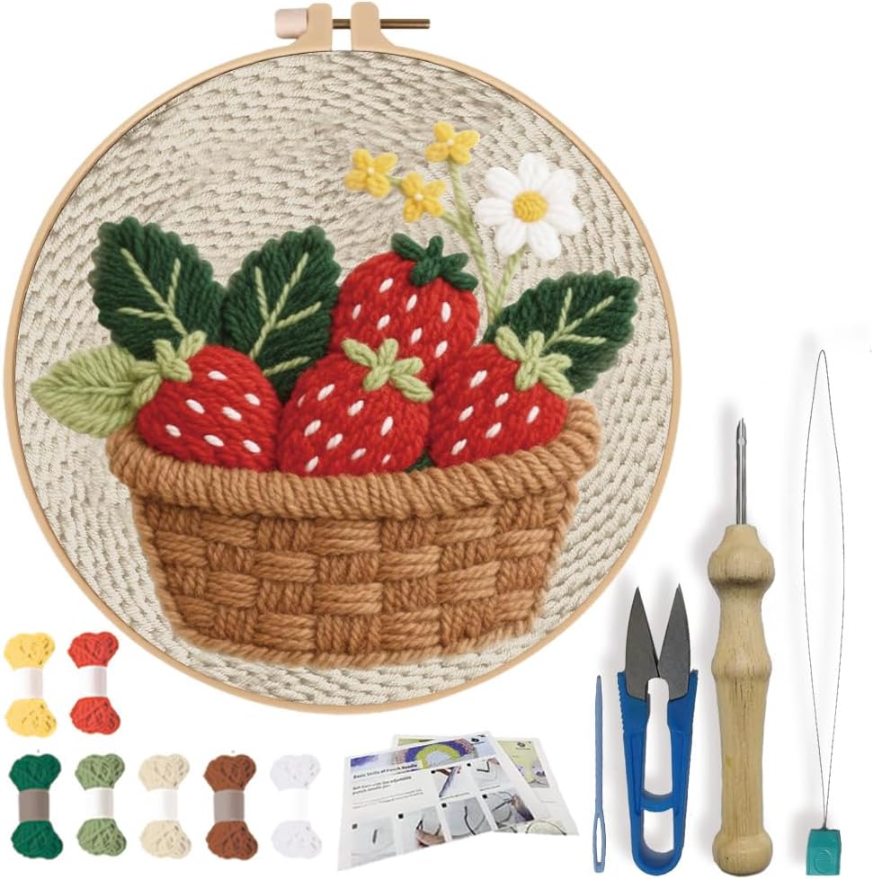 FREEBLOSS DIY Punch Needle Kits for Beginners Strawberry Basket Punch Needle Starter Craft Set with Hoop and Instruction Embroidery Set for Adults Festival Gift and Decoration 7.9''/20cm