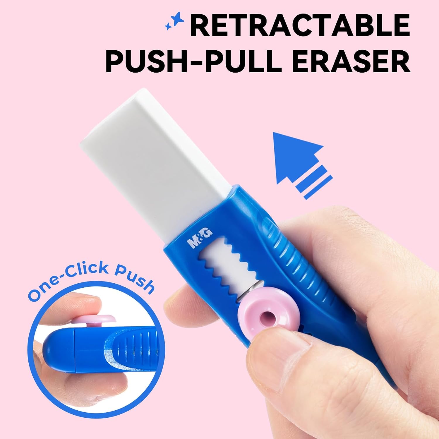 M&G 1+1 Pack Blue Sliding Retractable Cute Eraser Set, Refillable Soft Large Rubber Eraser with Sleeve for Kids Students School Office Supplies image 4