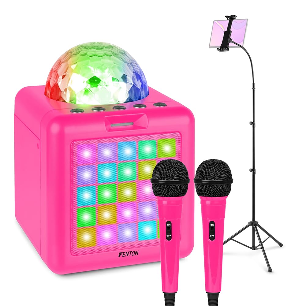 Fenton KAR15 Pink Karaoke Machine with Bluetooth, Party Lighting, 2 Mics, Tablet Stand, Portable Speaker System for Kids and Family, Rechargeable AUX Input, karaoke with Tablet