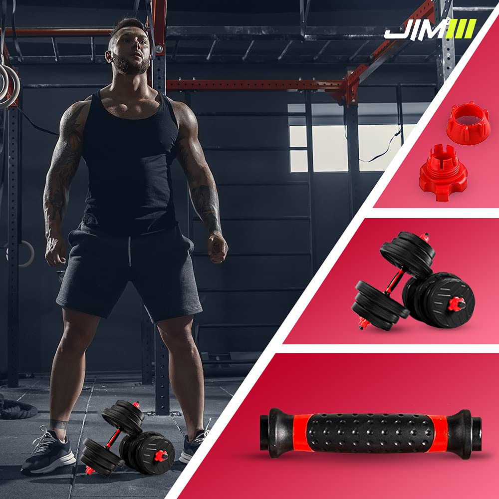 JIM Fitness set 2 in 1 manubrio e bilanciere regolabili fino a 30 kg con copertura in gomma, nero e rosso
