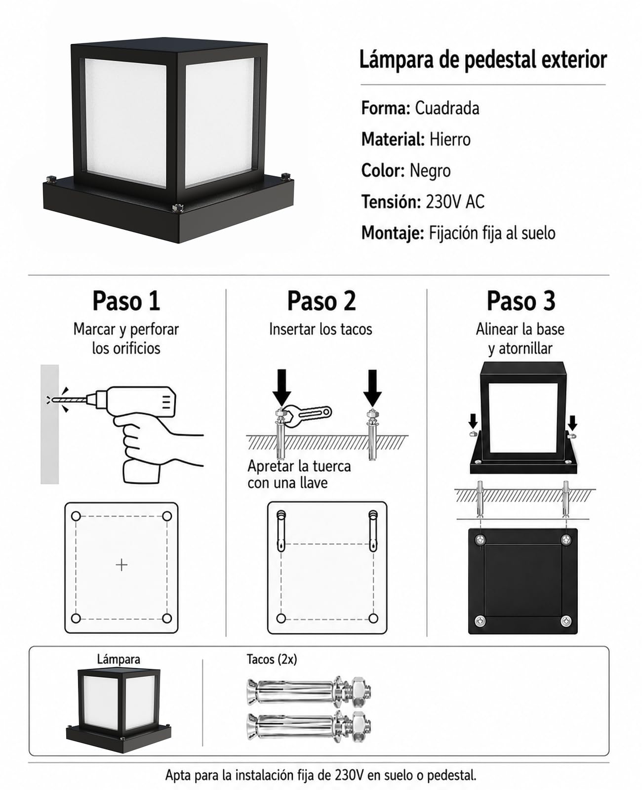 Farola Exterior Jardín E27, Lámpara de Sobremuro IP65 de Metal, 15W LED 3000K/4000K/6000K, Baliza Exterior Cuadrada para Muro, Camino, Terraza, Patio y Valla, Negro