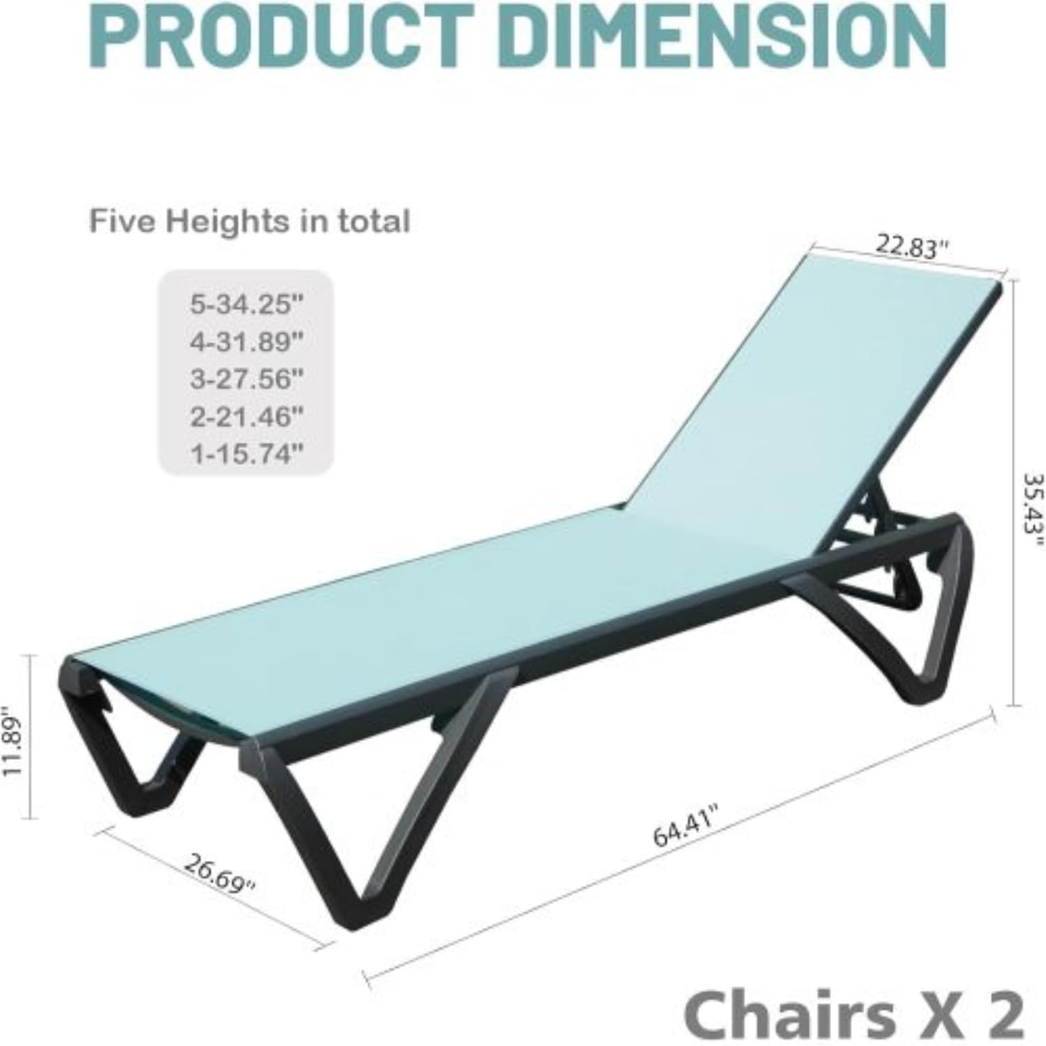 Set of 2 Aluminum Adjustable Pool Lounge Chair, Outdoor Lounge Chair, Beach Chair, Sun Lounge Chair, 5-Position Adjustable Backrest and Wheels, Lake Blue