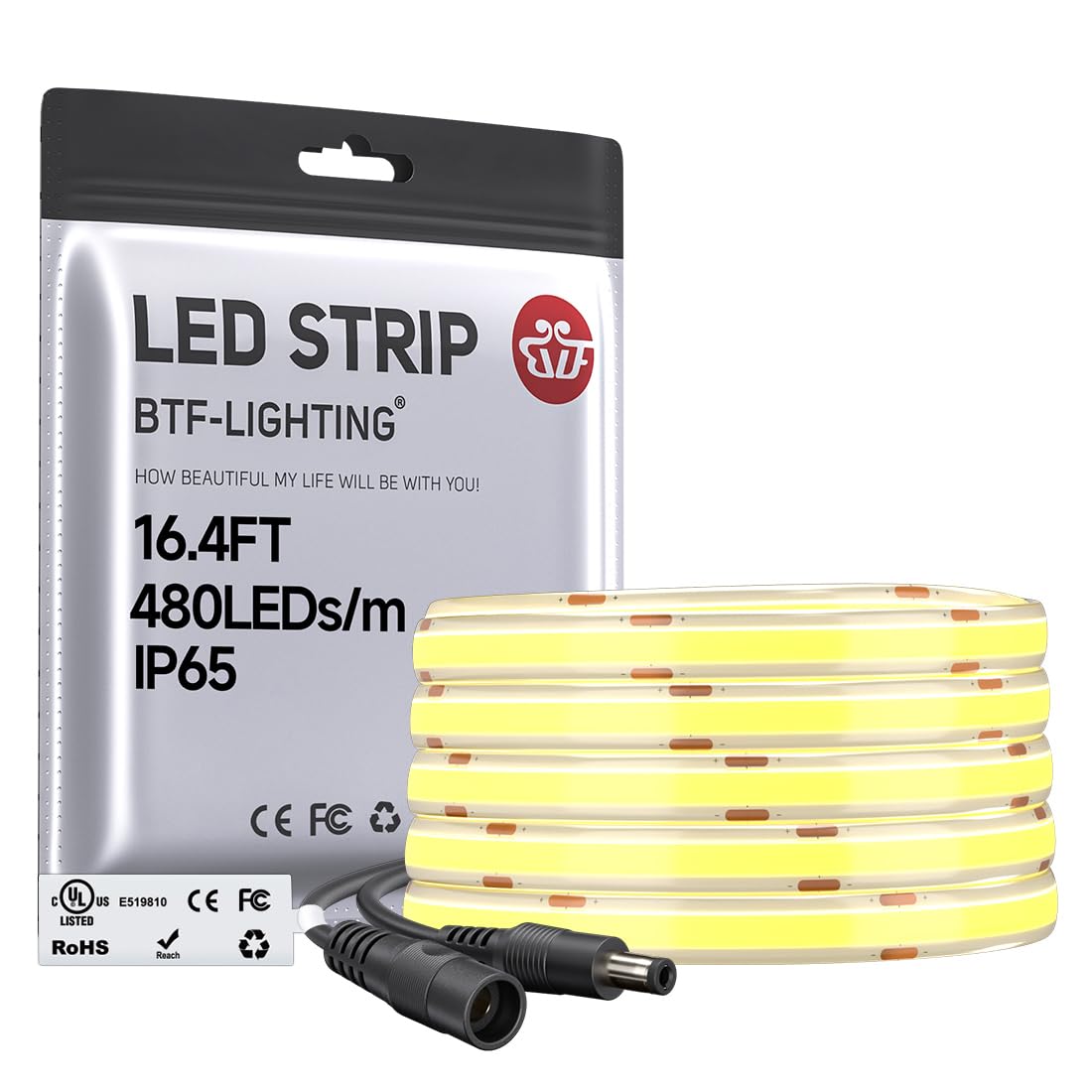 BTF-LIGHTING FCOB COB LED Strip Cool White 6000K IP65, UL Listed 480LED/m High Density Uniform Light, 16.4FT DC12V CRI90+ 8mm Width Tape Light for Home Indoor DIY Lighting(No Adapter &amp; Controller)