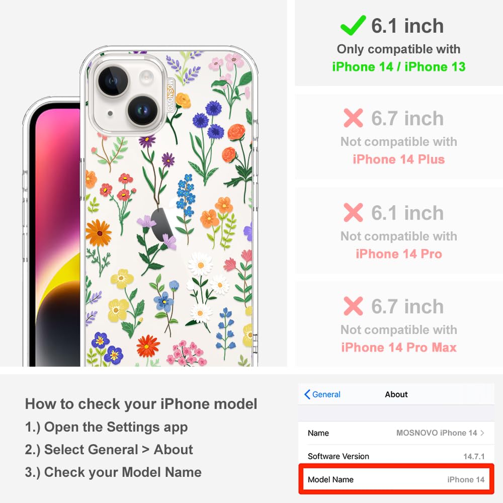 MOSNOVO Hülle für iPhone 13 & iPhone 14, [2 m Militärschutz] [Anti-Abblätter-Technologie] Transparente stoßfest TPU Stoßfänger Handyhülle mit Design - Botanische Blumen - 2