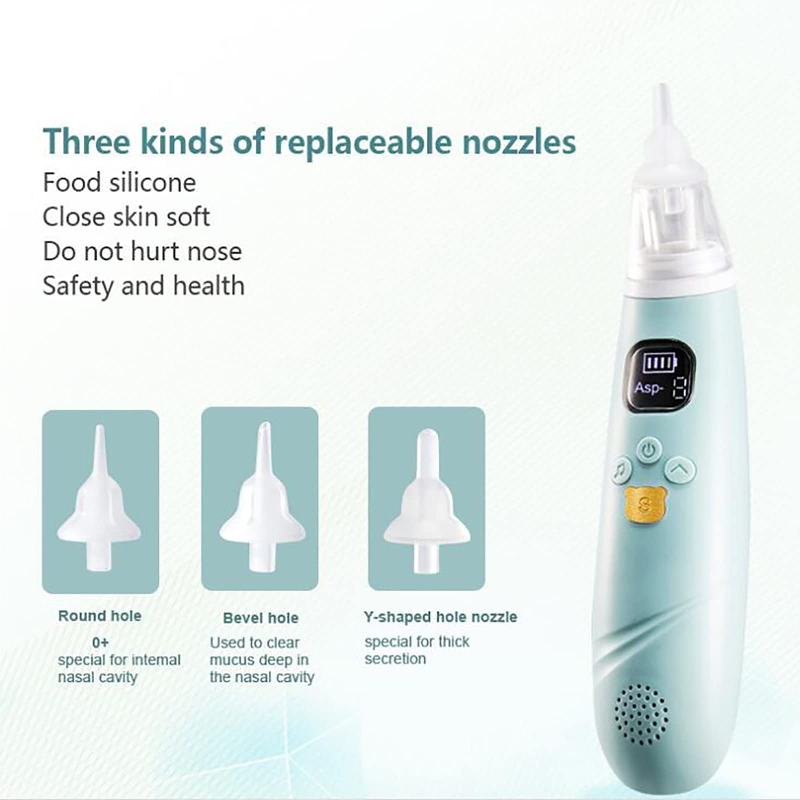 Máquina de Limpieza de Enjuague Nasal Aspirador de Nariz eléctrico para niños pequeños, removedor de mocos con 3 Puntas de Silicona con 3 Niveles de succión (Color : Blue)