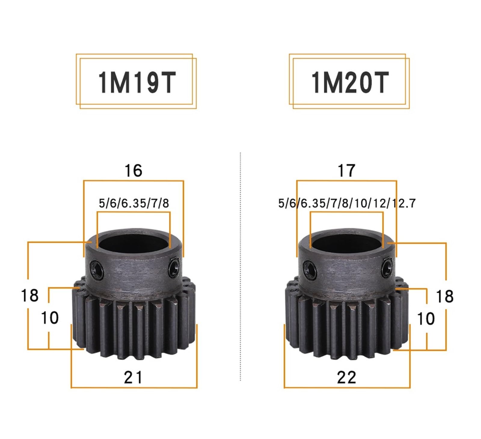Bevel Gear Pinion Hardware Mechanical Gear 1M-19T/20T Carbon Steel Blackening Spur Gear Bore Size 5/6/6.35/7/8/10/12/12.7mm Transmission Accessories(12.7mm-1M20T)