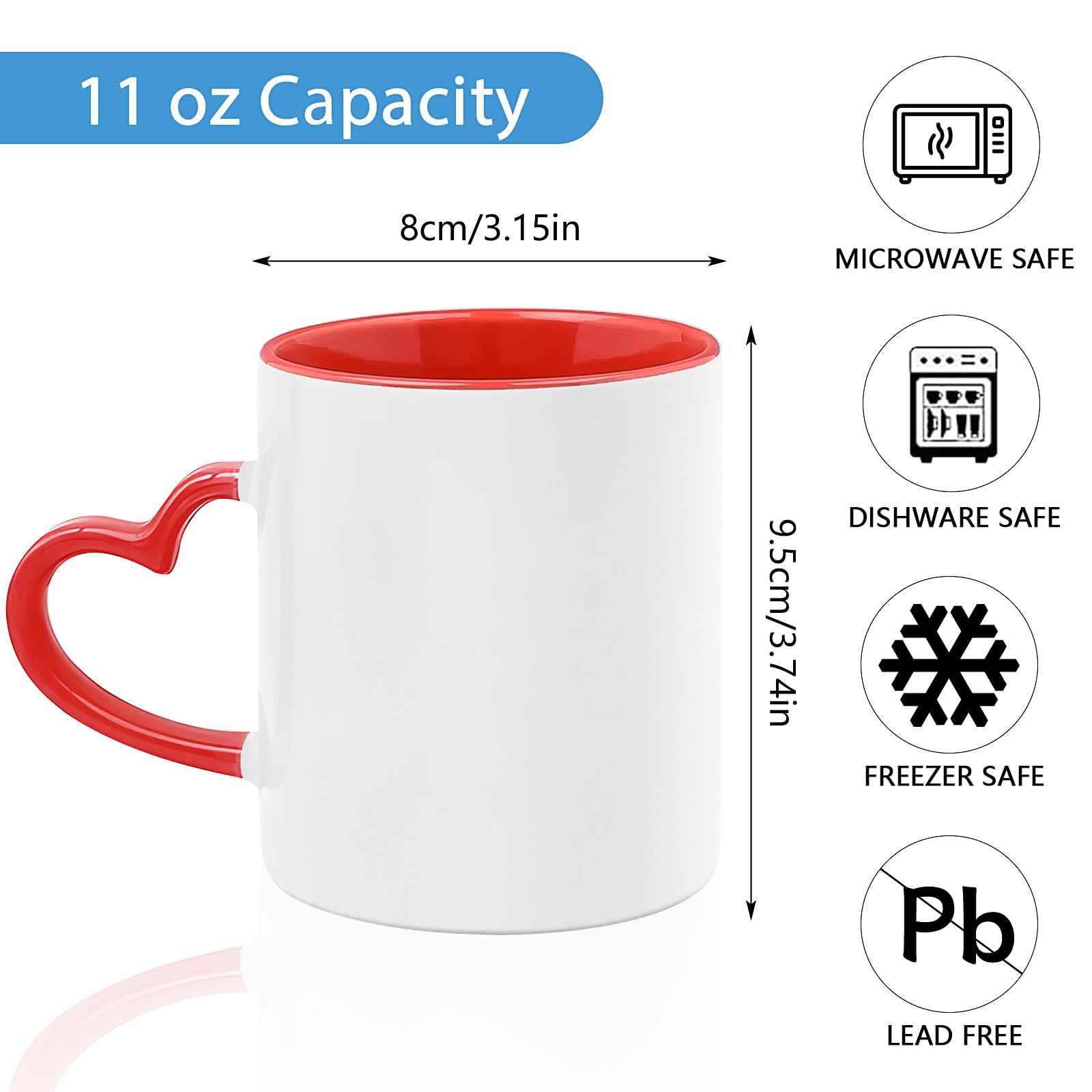 12 Stück Sublimation Kaffeetassen Blanko 11oz/320ml, Weiße Keramiktassen mit Herzgriff für Sublimationsdruck, Großpackung Tassen für Heißpressen, Personalisierte Kaffeebecher für Weihnachten