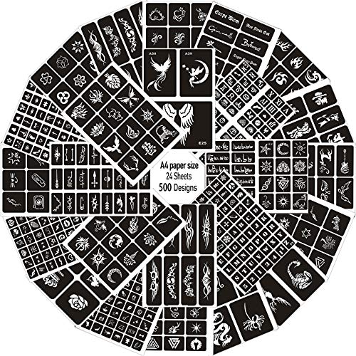 Aresvns Temporary Tattoo Stencils 500+ PCS,24 Sheets Henna Tattoo Templates Reusable,Airbrush Tattoo Stencils,DIY Cool Sticker