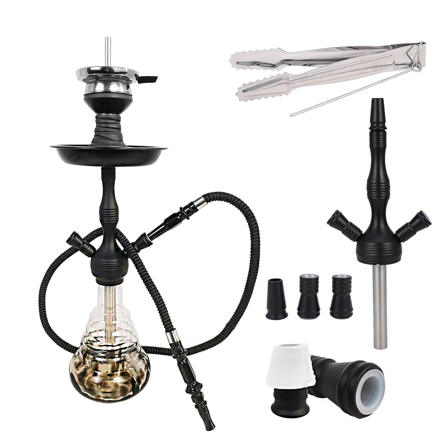 RMAN Cachimba Shisha Completa 55 cm Negro con 2 Mangueras | Incluye Boquillas, Cazoleta de Cristal, Pinzas de Carbón, Cachimba Grande