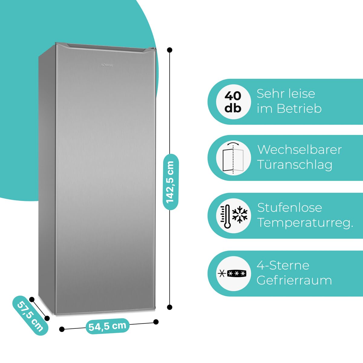 Bomann Congélateur 143 cm | 4 étoiles | Plage de température : ≤ -18 °C | Silencieux 40 dB | Charnière de porte interchangeable | 168L | GS 7364 inox